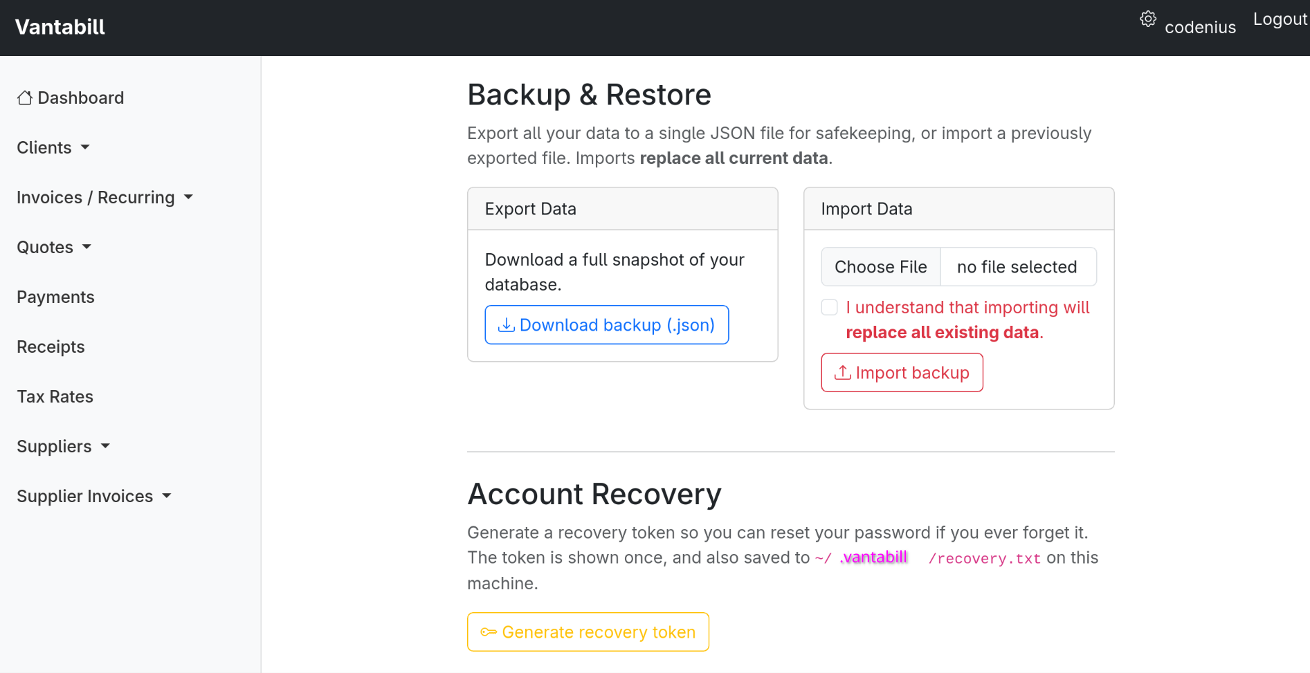 Vantabill Backup & Restore Feature